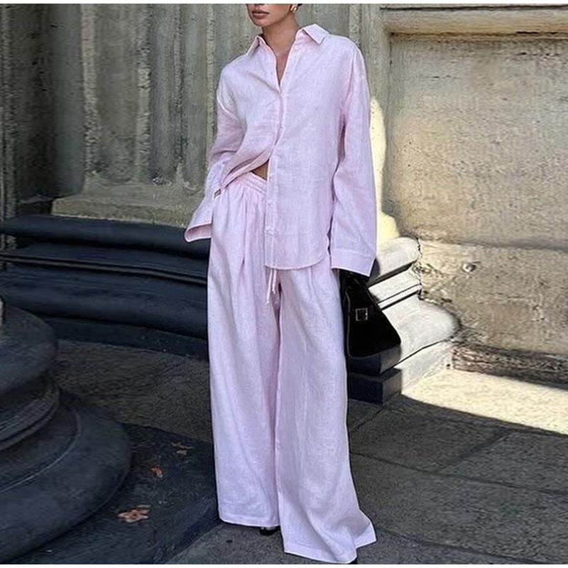 Women's Pure Cotton Shirt and Pants Set Casual Solid Color Women's Set V-neck Button Decoration Sweet Style Spring and Summer New Women's Clothing