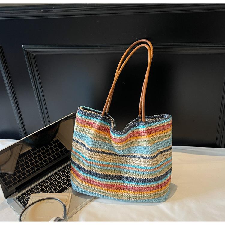 

Новая тканая радужная сумка-тоут большой вместимости, модный тренд, пляжная сумка, повседневная сумка через плечо