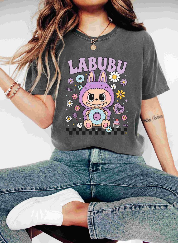 Labubu Shirt, Floral Labubu Donut Shirt, Pastel Cartoon Character Shirt, Kawaii Shirt, Cute Labubu Oversized Unisex Harajuku high quality
