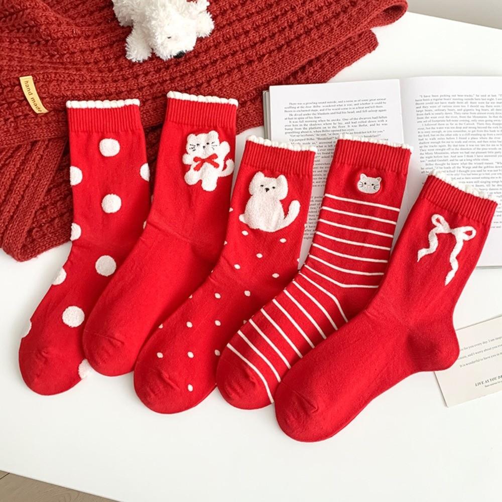 5 Pairs Breathable Polka Dot Socks Combed Cotton Stripe Socks Kitten Red Socks  Spring Festival