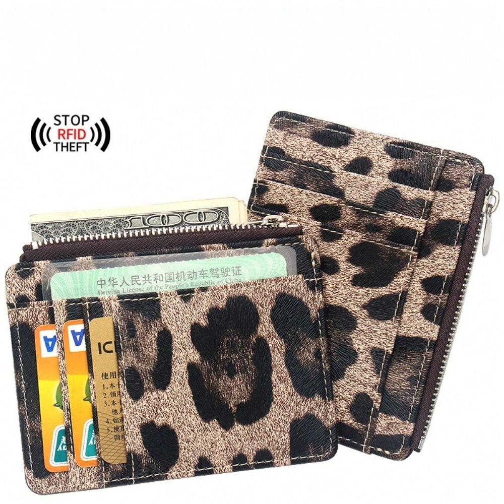 RFID Leopard Print Business Card Holder Large Capacity With Zipper Small Card Bag Credit Card Bank Card Holder