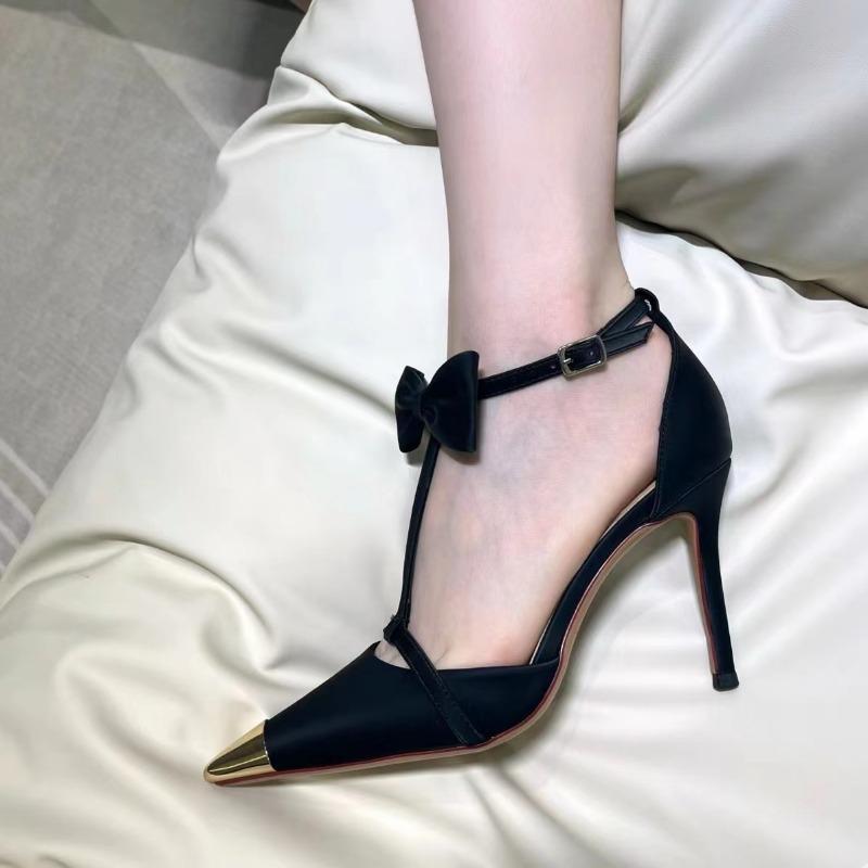 

Black high heels pointed iron head bag head bow temperament thin heel sexy word with sandals 34