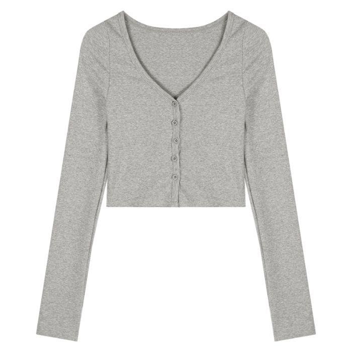 

Женский кардиган облегающего кроя с V-образным вырезом и длинными рукавами в стиле ретро, серый S серый