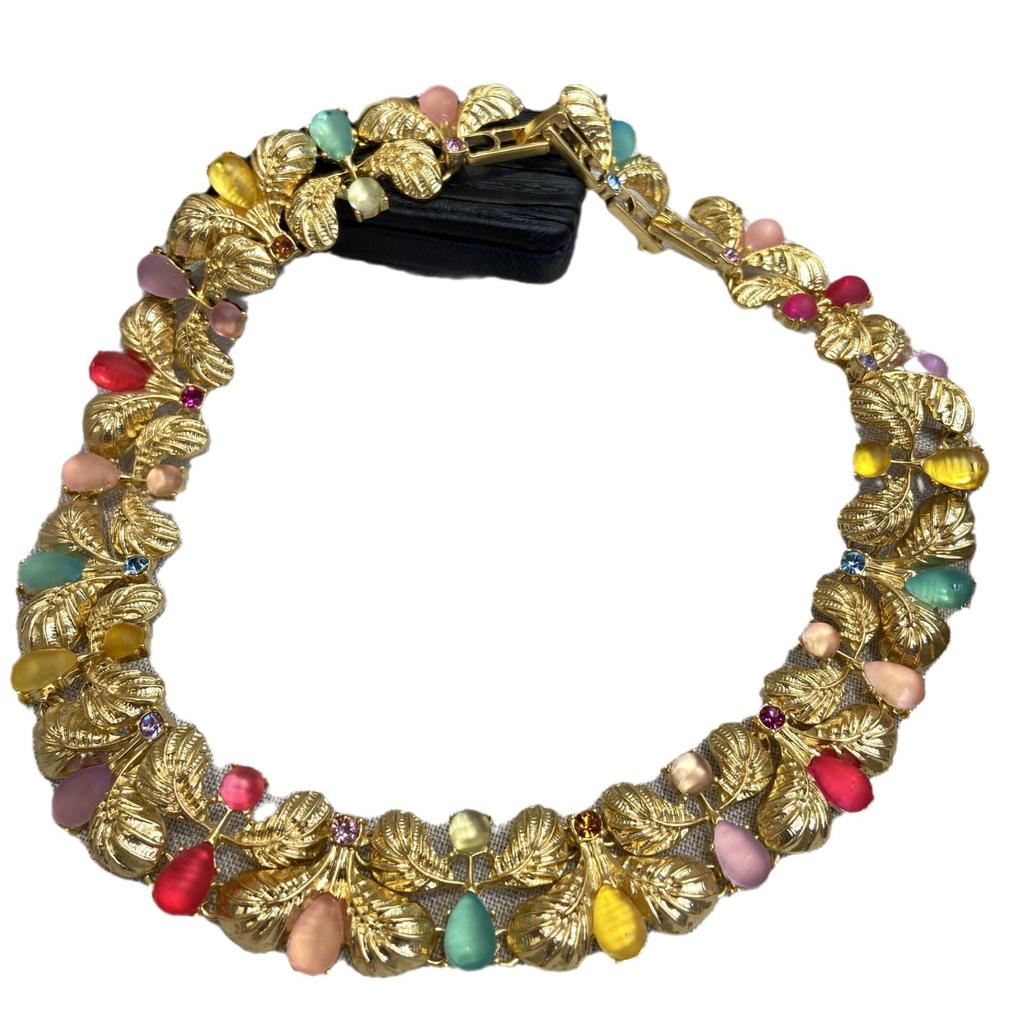 French Vintage Medieval Blue-Green Glazed Banana Leaf Handmade Necklace Copper-Plated Real Gold Colored Necklace Bracelet