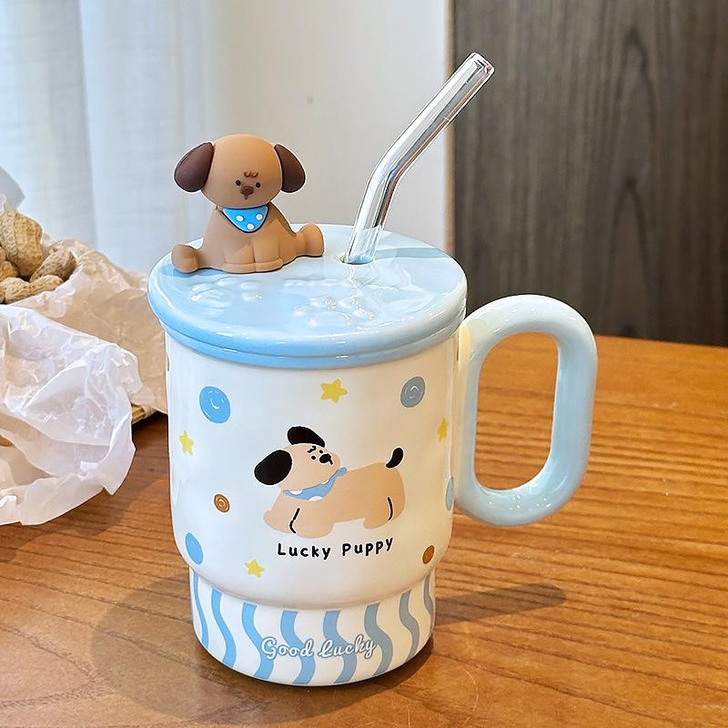 Cute Straw Cup for Drinking Water for Household Ceramic Mug with Lid Water Cup for Girls with High Appearance Office Coffee Cup