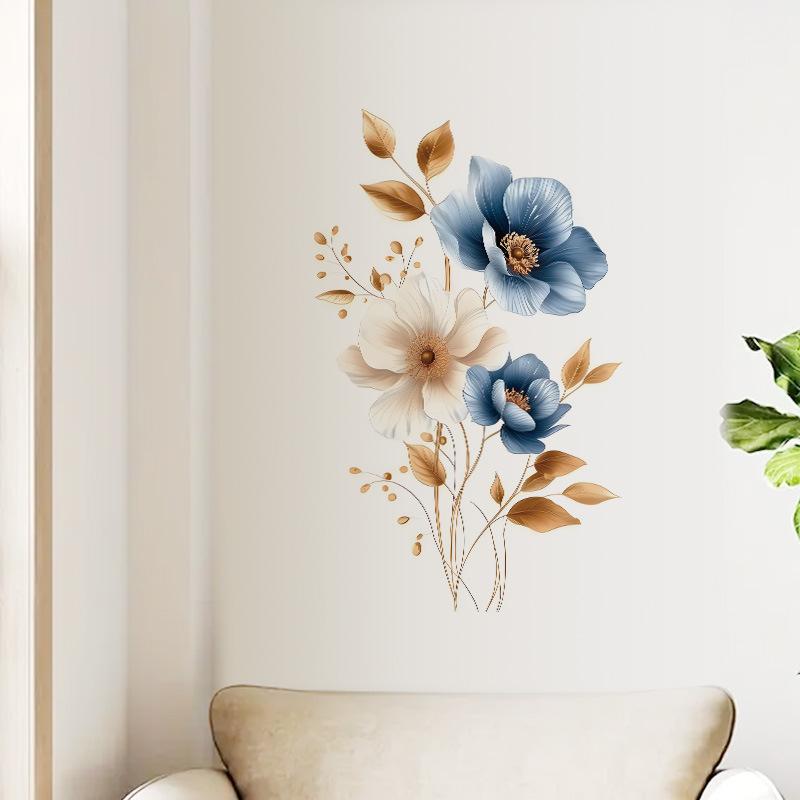 Simulated Blue White Floral Gold Leaves Wall Sticker Self-Adhesive Removable for Bedroom Hallway Elegant Home Decor Art