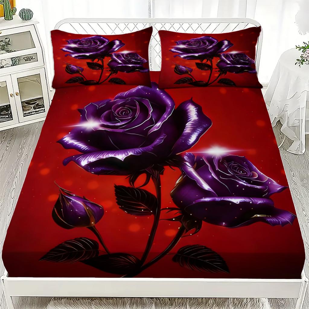 1PC Soft Fitted Sheet, 3D Romantic Floral Roses Print, 100% Polyester Washable Bed Sheet for Girls Adults, Queen Size Room Decor