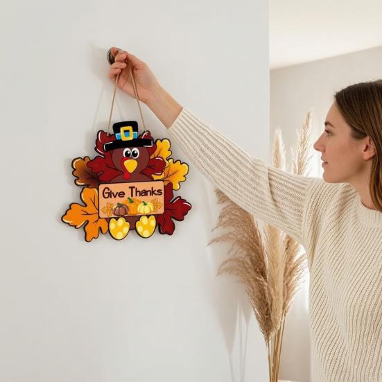 Thanksgiving Wooden Sign, Turkey and Pumpkin Welcome Wall Hanging Decor with Give Thanks, Rustic Farmhouse Fall Harvest Decoration for Front