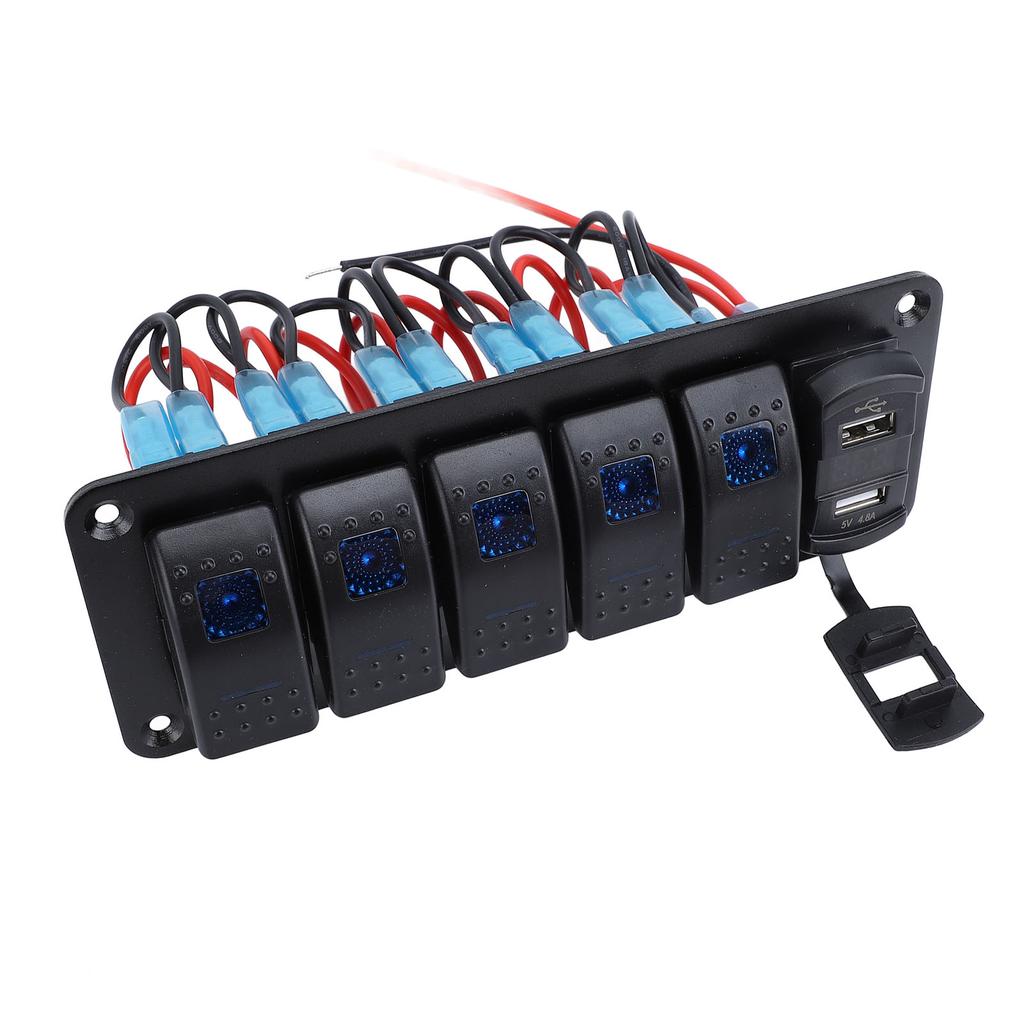 5 Gang Rocker Switch Panel with 4.8A Dual USB Charger Voltage Meter Universal Fit for DC12 to 24V Car Truck RV