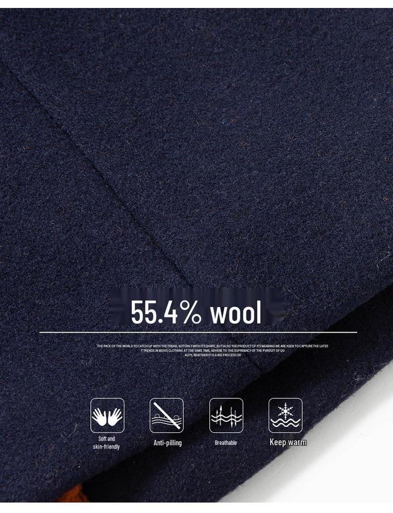 Men's European Size Wool Blend Business Overcoat with Scarf - Autumn/Winter Fashion, Wrinkle-Free Design, Cross-Border Style