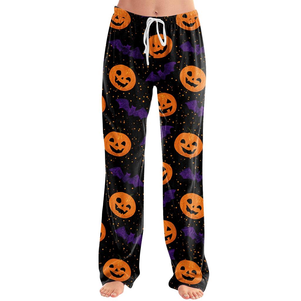 Women's Loose Fit Casual Pants Halloween Pumpkin Print Lounge Pants Elastic Waistband Comfortable Fit for Everyday Wear