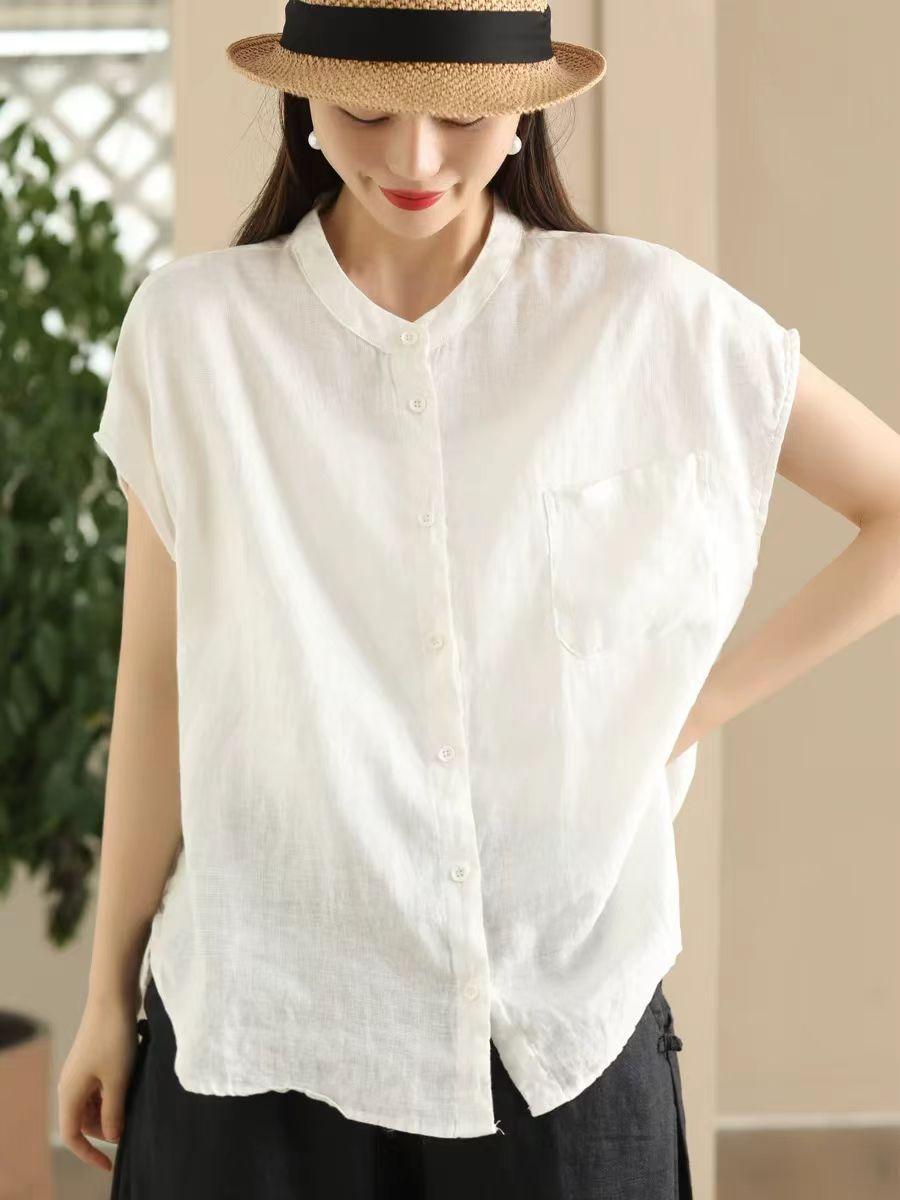 

Johnature Женские винтажные однотонные рубашки с коротким рукавом, топы с карманами в стиле пэчворк, летние повседневные женские блузки XL белый