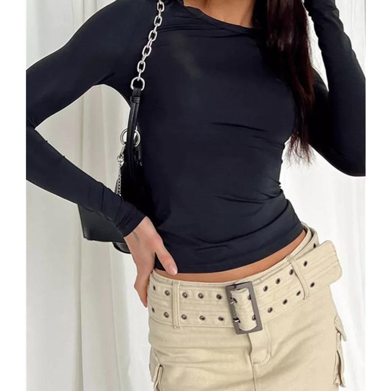 Women's Casual Long Sleeve T-Shirt Spring and Autumn Solid Color Slim Fit Pullover Bottoming Shirt Top