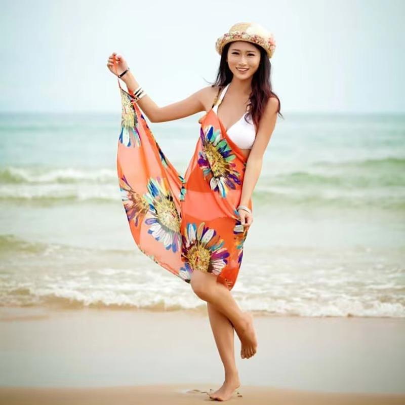Bedruckte Cover-Ups Sexy Strandkleid Damen Neckholder Träger Chiffon Strandtuch Bikini-Wrap Pareo Röcke Rückenfreie Bademode One Size beige