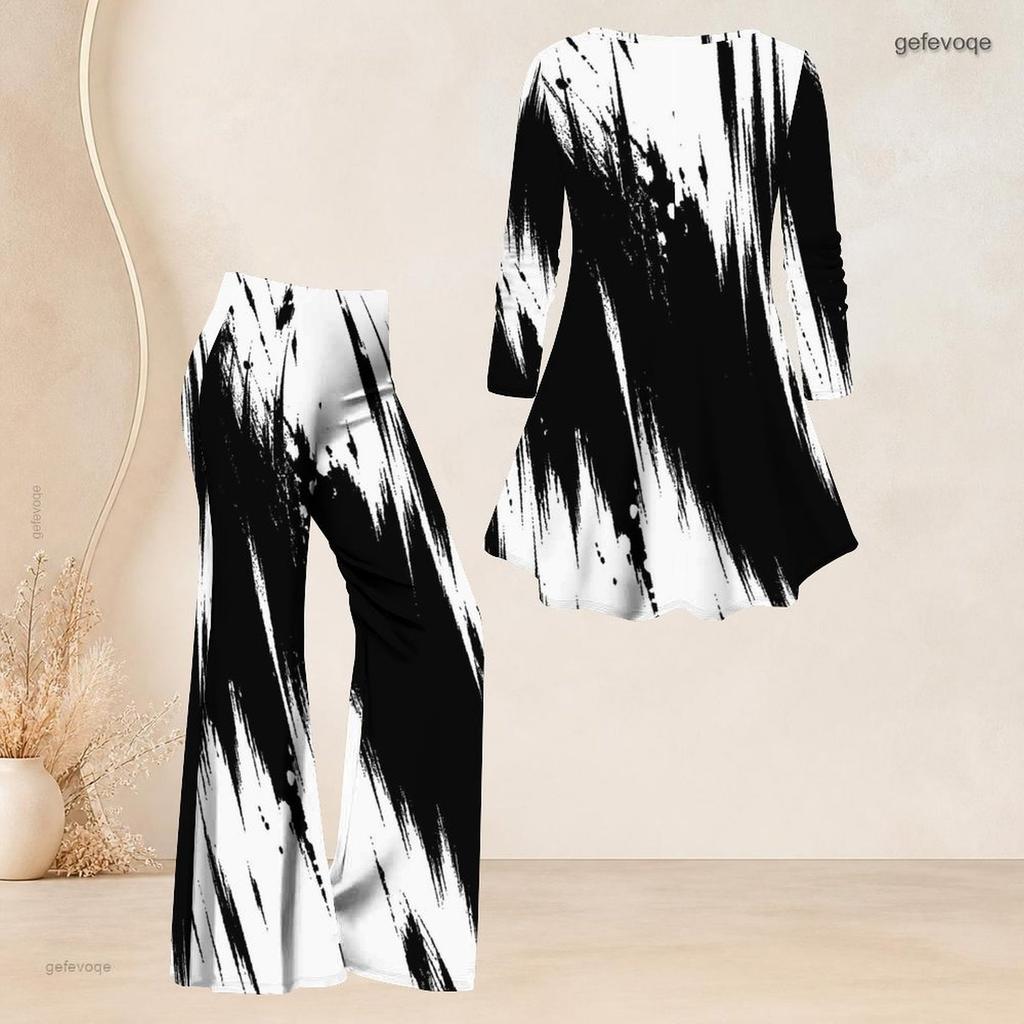 Women Plus Size Two Piece Set V Neck Long Sleeve Black White Printed Flared Top Flared Pants