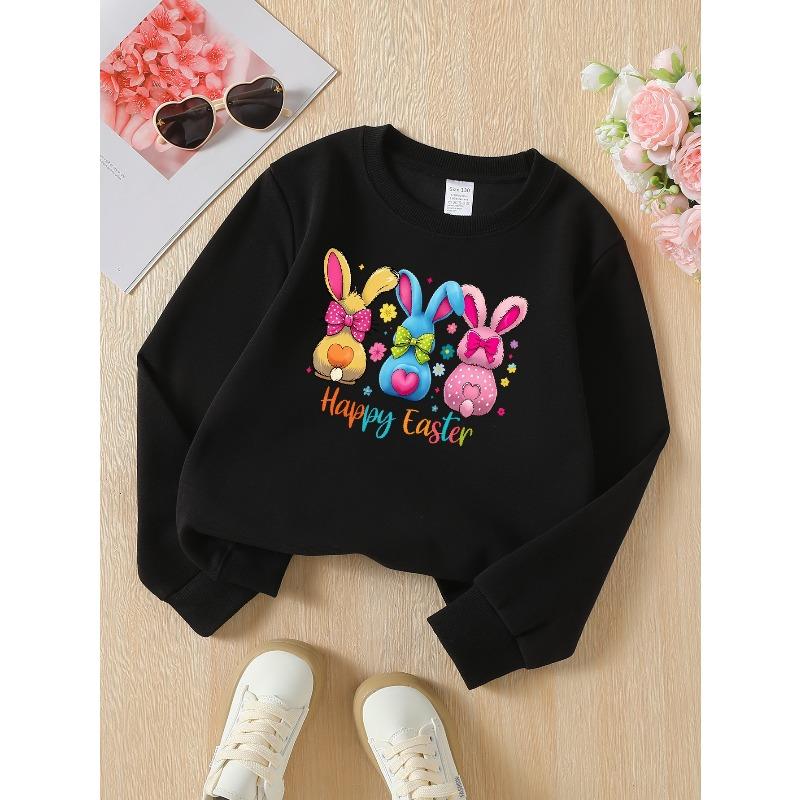 Kids Sweatshirt, Crew Neck Fashion Top, Fun "Easter Bunnies Bow Flowers" Patterned Sweatshirt, Suitable for Everyday Casual Wear