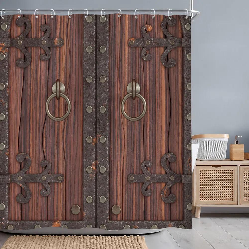 Vintage Wooden Door Shower Curtain Rustic Door Window Wheel Botanical Barn Polyester Shower Curtains Bathroom Decor with Hooks