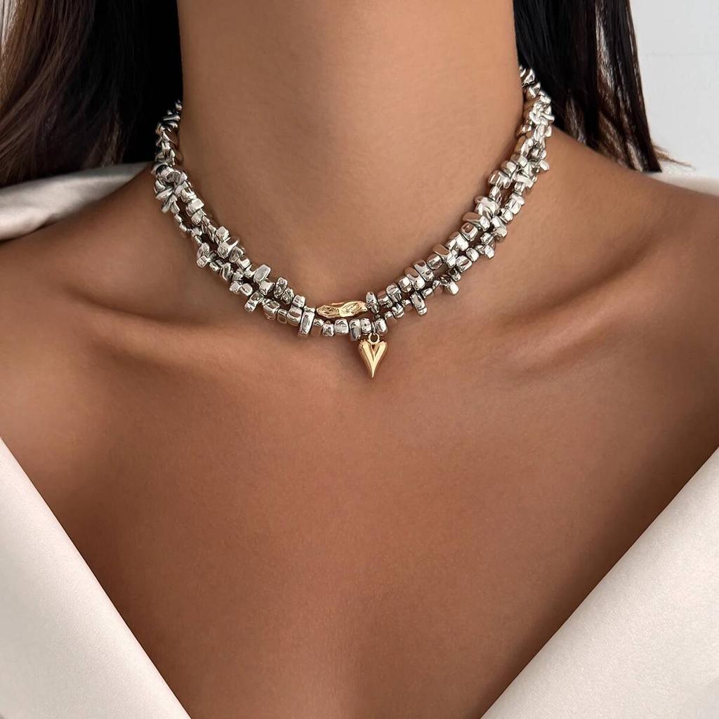 Salircon 2Pcs/set HipHop Irregular CCB Beads Chain Necklace Women Vintage Gold Color Heart Pendant Necklace Jewelry Holiday Gift