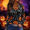 Women's Halloween Print Long Sleeve Top Crew Neck Split Hem Casual Pullover Shirt Lightweight Comfortable Fit