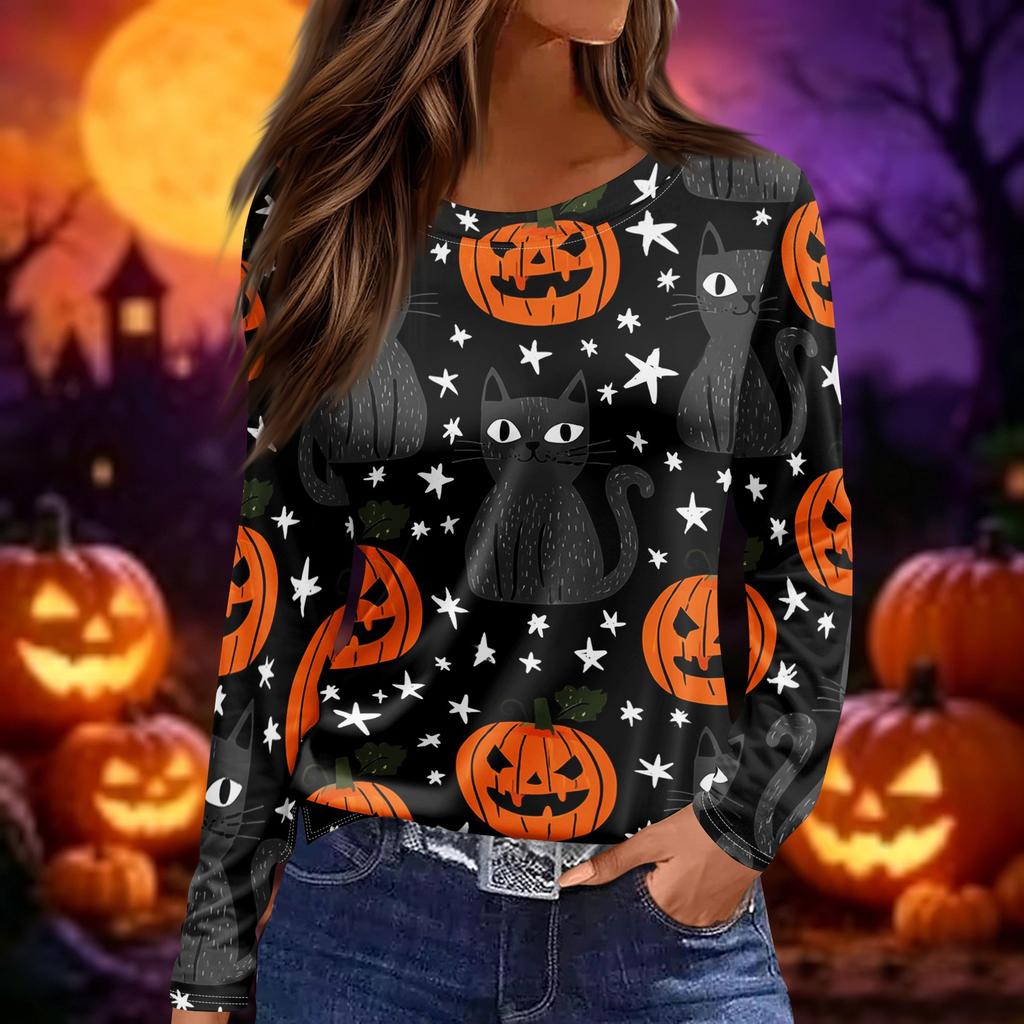 Women's Halloween Print Long Sleeve Top Crew Neck Split Hem Casual Pullover Shirt Lightweight Comfortable Fit