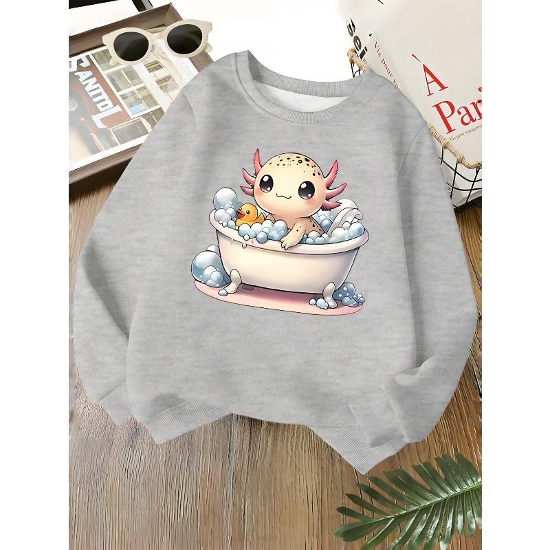 Kids Unisex Pink Crewneck Sweatshirt, Cute Axolotl Bathing With Rubber Duck And Bubbles Cartoon Print, Sweatshirt for Boys Girls Over 4 Years Old