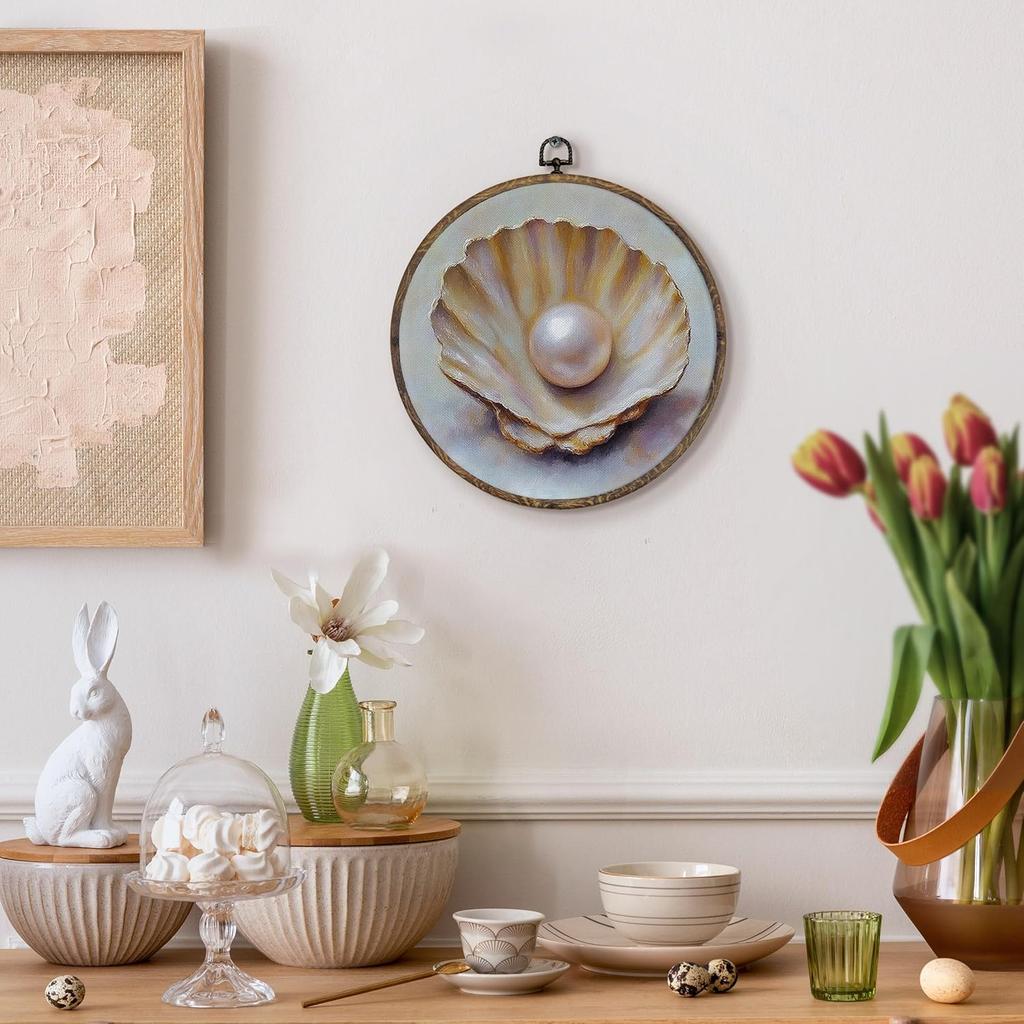 KFXHANGD Vintage Seashell Round Wall Art Framed, Coastal Shell Canvas Wall Art Decor, Coastal Sea Shells Hanging Decor for Bathroom Bedroom,