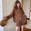 Elegant Women's Coffee Print Long Sleeve Shirt & Shorts Set, Spring-Summer 2025