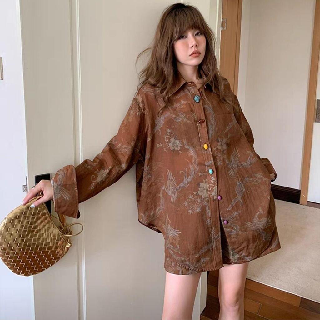 Elegant Women's Coffee Print Long Sleeve Shirt & Shorts Set, Spring-Summer 2025