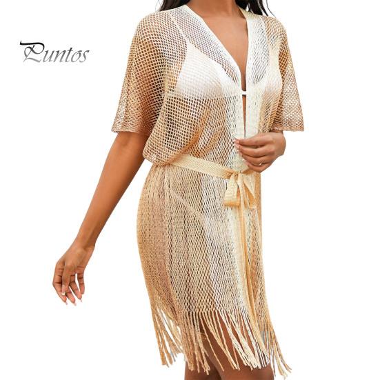 

Женское пляжное платье с ажурной сеткой, на шнуровке, с ремешками, пляжная одежда с кисточками, градиентный цвет, накидка с длинным рукавом, защита от солнца, женский купальник-бикини золотистый