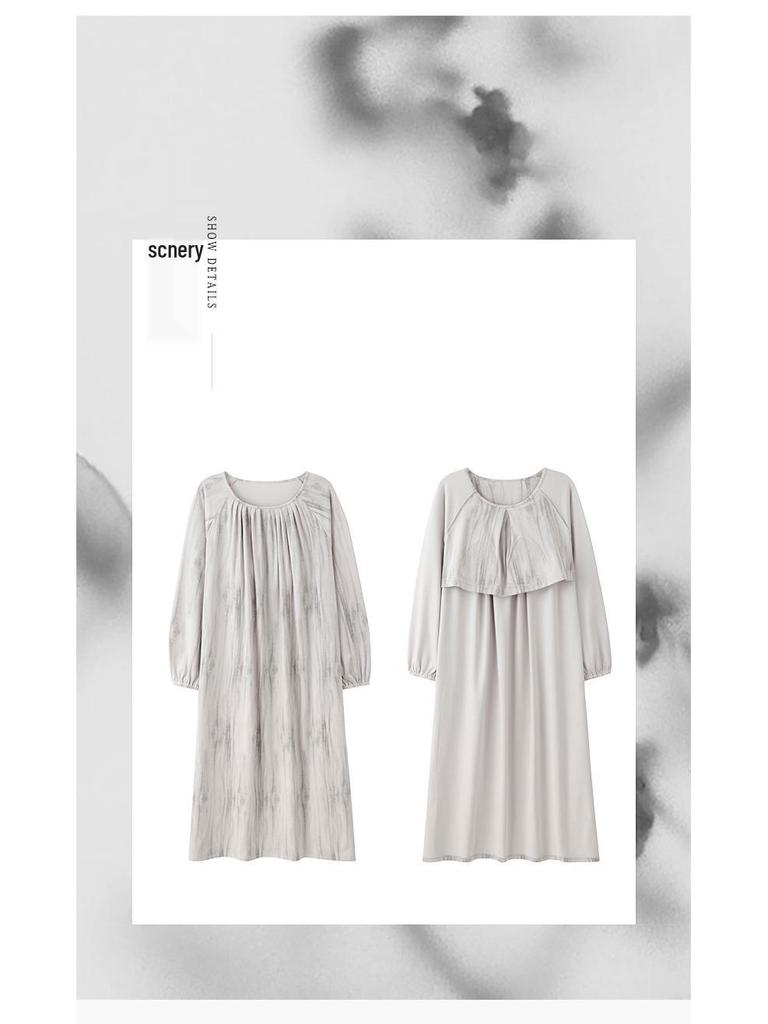 Caini Damska bawełniana koszula nocna z długim rękawem i wkładką na biust - Bardzo długa, luźny krój na wiosnę i jesień