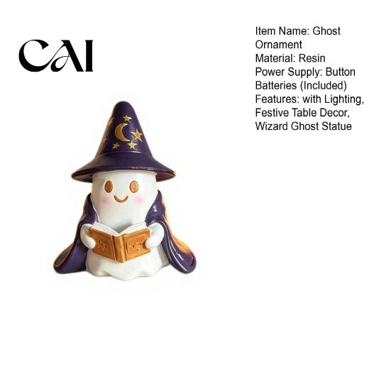 Shelf Sitter Ghost Lighted Figurine, Resin Wizard Statue with LED Light, Cute Halloween Gifts for Kids Reading Book Night Light Home Desktop