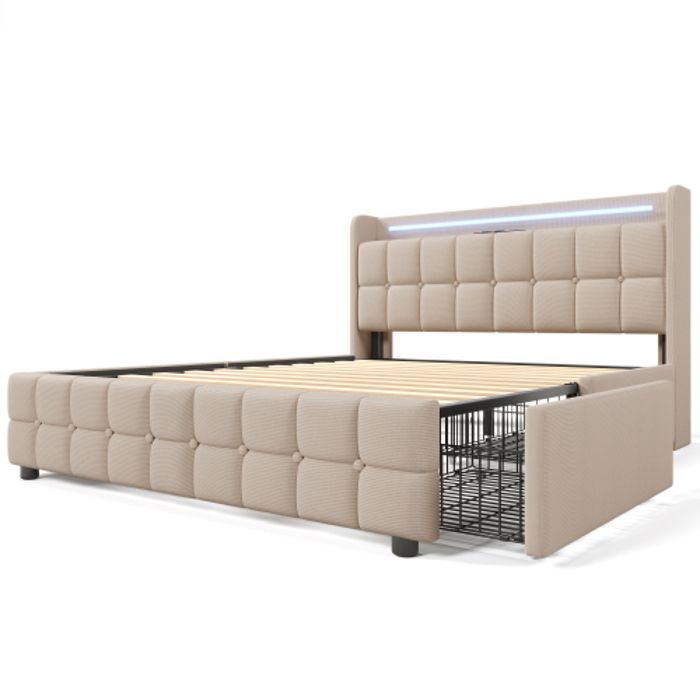 Lit - MUVOE - 140x200 cm - Rembourré avec USB - Éclairage LED - 4 tiroirs de rangement