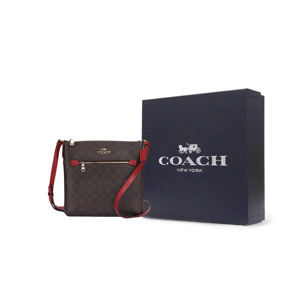 New COACH Rowan Canvas With Leather Document Bag, Crossbody Bag, Shoulder Bag Medium Women's Dark Brown & Red C1554-IMRVQ
