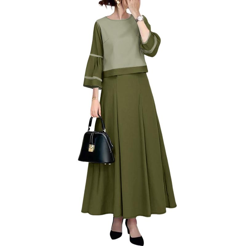 

ZANZEA Женский костюм из двух предметов: блузка с рукавом 3/4 и длинная юбка, повседневный 4XL зелёный