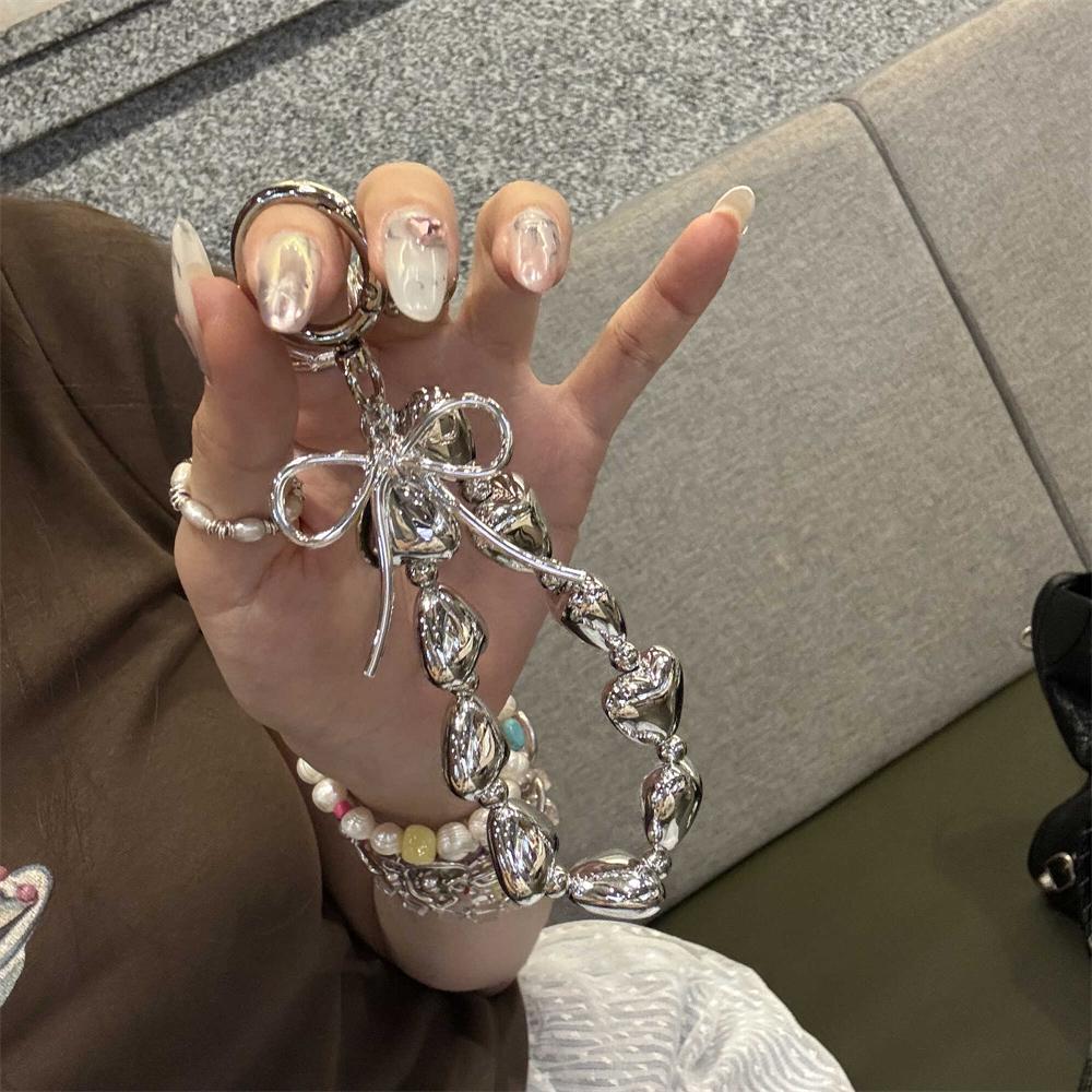 Plating Silver Heart Bowknot Pendant Strap For iPhone Bag Key Accessories Girl Phone Chain Keyring Bracelet Hanging Cord