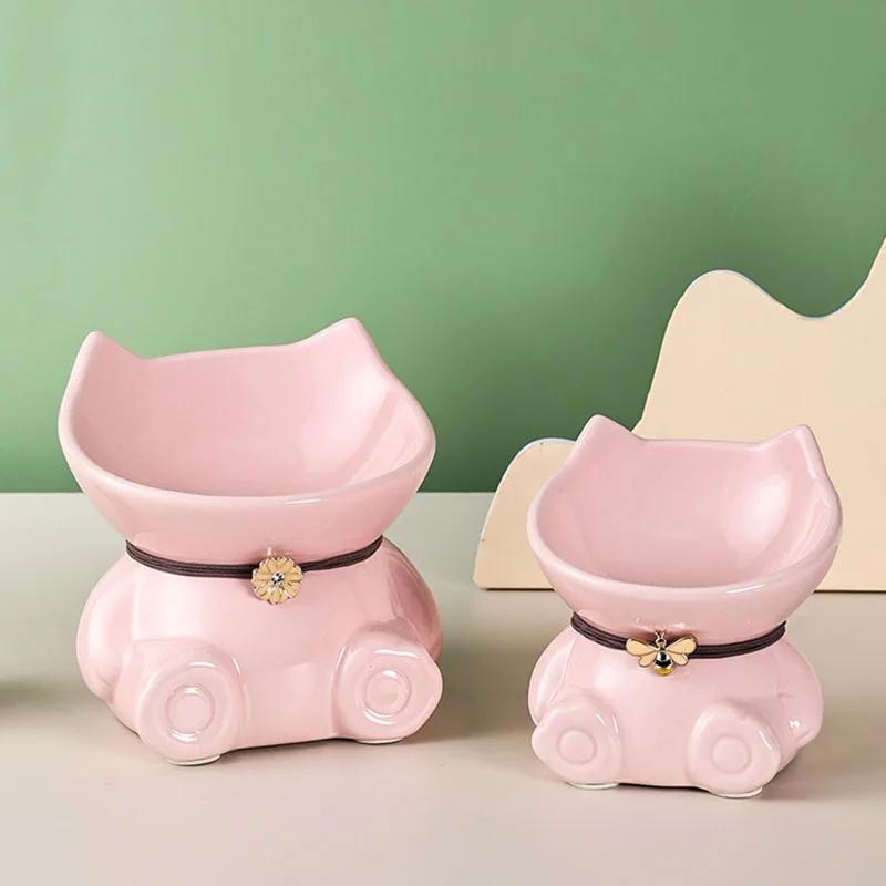 New Ceramics Pet Cat Bowl Food Bowl Oblique Mouth Dog Bowl Cat Drinking Bowl High Foot Protection Cervical Vertebra Cat Drinking