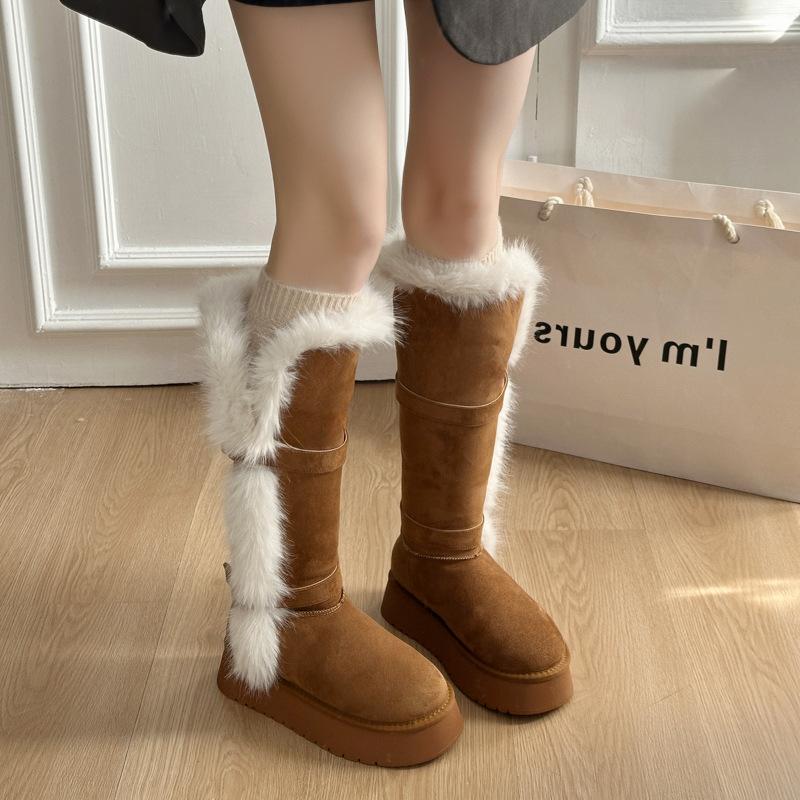 Dámské zimní zateplené sněhule na silné platformě, zvýšené, s kožešinou, teplé, proti chladu, polstrované, protiskluzové, odolné proti opotřebení, ležérní sportovní dlouhé bavlněné boty