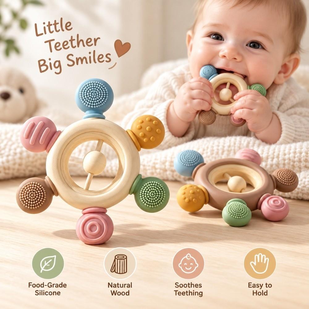 Easy To Clean Baby Teething Toys Wooden Ring Sensory Toys Baby Gums Soothers  Infant Soothing