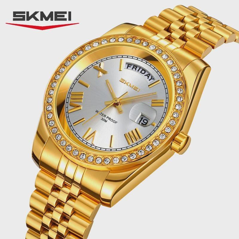 Mens Analog Quartz Watch Diamond Encrusted Bezel Day & Date Display Waterproof Stainless Steel Band