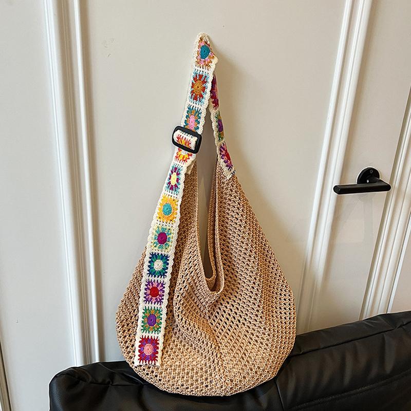 Large Capacity Crochet Tote Bag Ethnic Style Hollow Out Woven Bag Embroidered Strap Knitting Handbag For Female Travel AVE