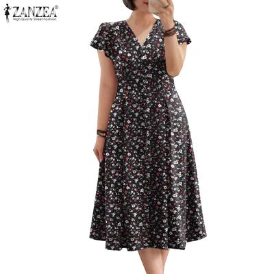 Frauen Blumendruck Sommer V-Ausschnitt Kurzarm Freizeitkleid