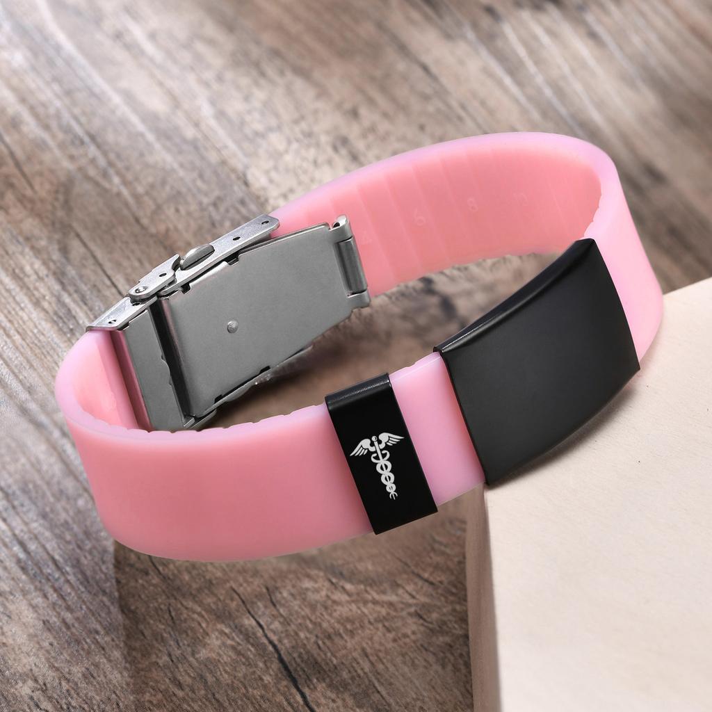 Custom Engrave Blank ID Bracelets for Women,Casual Silicone Wristband with Stainless Steel Medical Logo Tag,Length Adjustable