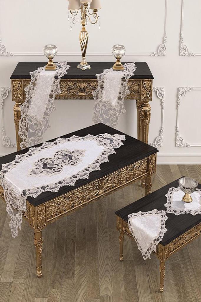Duru Velvet Runner Set 5 Pieces For Living Room, French Lace, Wedding, Home Accessories, Cream