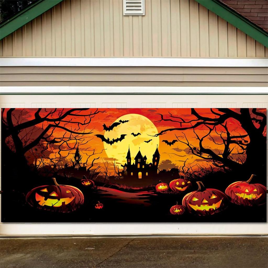 Lsseauto 7x16FT Halloween Garage Door Decoration Banner, Scary Castle Theme