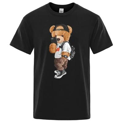 Camiseta con estampado gráfico de dibujos animados de osito de peluche tomándote una foto, camiseta informal de moda con cuello redondo, camisetas de manga corta de talla grande para mujer