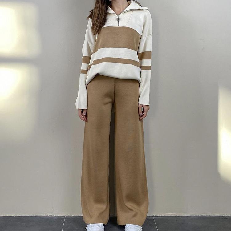 Women's Lounge Sets 2 Piece Outfits Zip POLO V Neck Knitted Pullover Sweater Tops Wide Leg Pants Sets Tracksuit Chunky Fall Winter Sweatsuit for Women