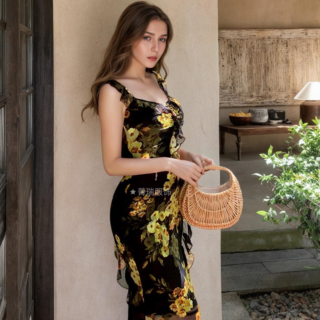 Damen Sommer Neckholder Französisches Netz Druck Ärmelloses Kleid mit Rüschenkante