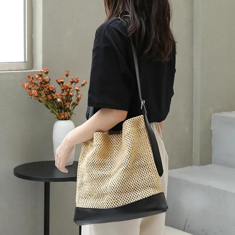 Female Vacati Beach Grass Woven Handbag Lady Leisure Splicing Independent Inner Package Shoulder Bag Women Woven Crossbody Bag