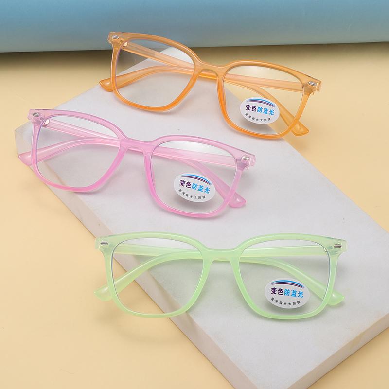 Photochromic Square Rice Nail Children's Eyeframe Color Change Anti Blue Light Flat Mirror Glasses Cute Boys And Girls