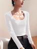 Women's Slim-Fit Wine Red Long Sleeve T-Shirt, 2025 Autumn/Winter, Skin-Whitening, Large Neckline.
